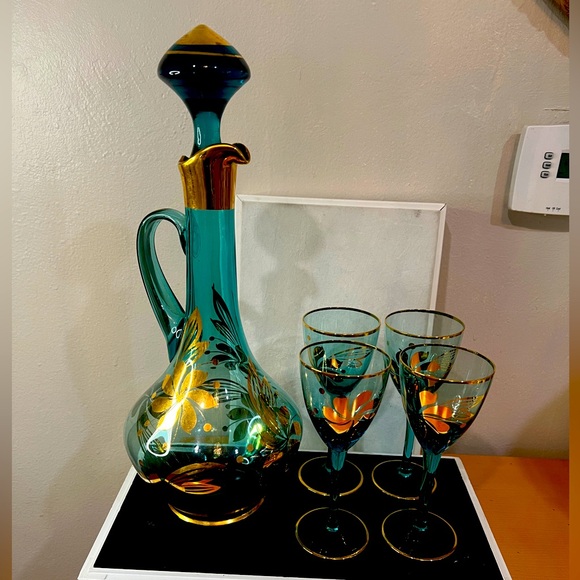 Vintage Blue Gold Glass Bohemian Romanian Wine Decanter
